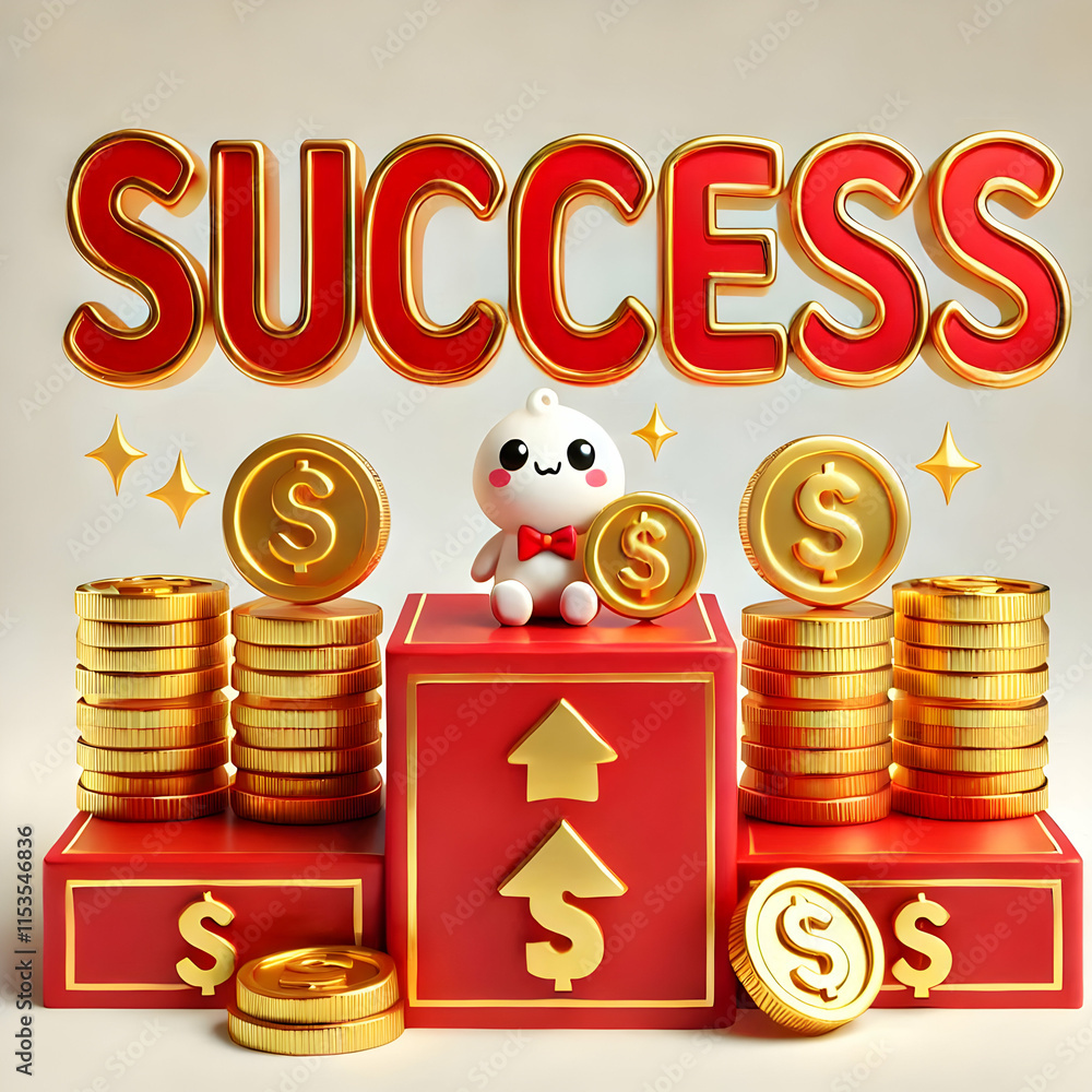 Aufkleber 3d red podium with gold coins and success wording ample copy space above. concept as a static shot f