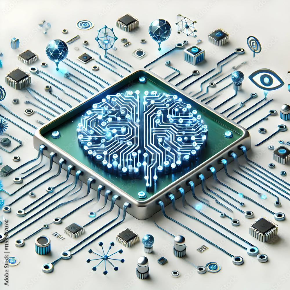 Aufkleber 3d digital circuit board with neural connections symbolizing ai growth and skill building - isolated
