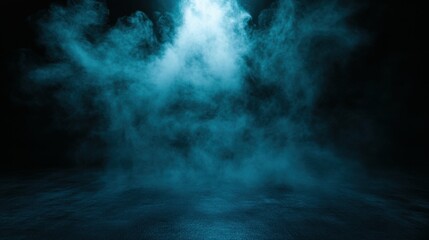 Mystical mist. Swirling smoke in dark and light symphony. Fluid fantasia. Abstract dance of fog and light on floor with black background