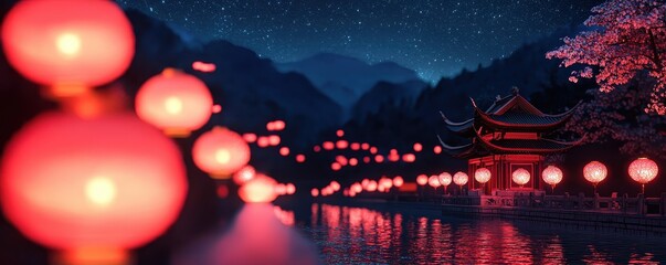 Obraz premium Festive Chinese New Year Night Scene Lanterns Temple River