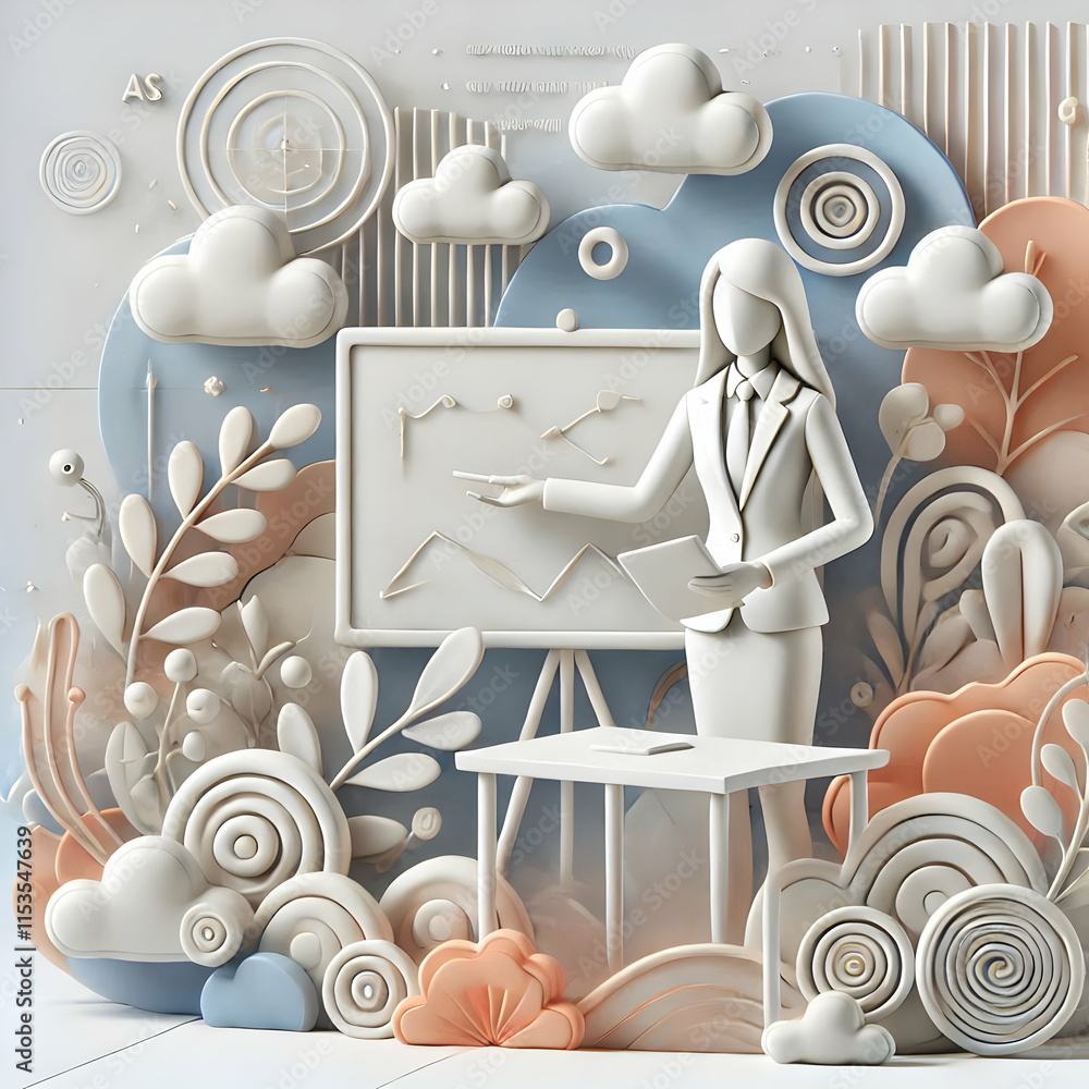 Poster 3d soft abstract patterns with businesswoman presenting and copy space concept as depict a businessw