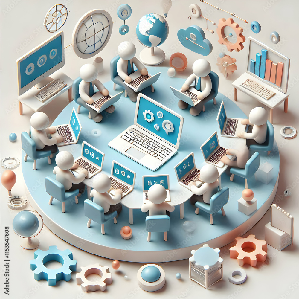 Aufkleber 3d collaborative brainstorming session with laptops tablets modern workspace