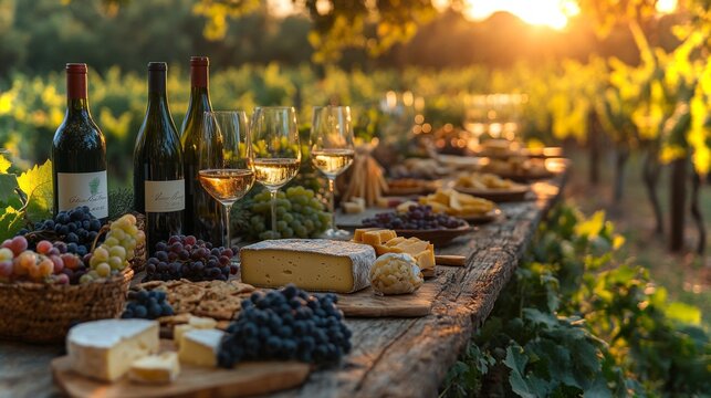 Gathered at a beautiful vineyard, guests enjoy a delightful wine and cheese tasting experience amidst lush grapevines as the sun sets, illuminating the vibrant scene.