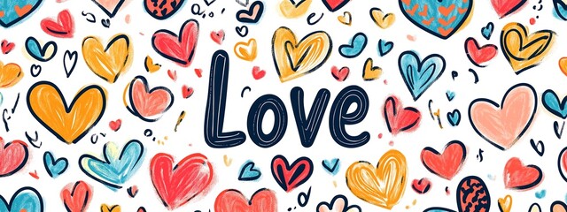 Bold typography with romantic words like "Love" in a repeating pattern. A bold and stylish design featuring love-themed words interspersed with small heart icons