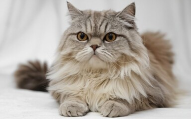 Fototapeta premium A cute cat with a yellow face sitting on a white background, showcasing a friendly and charming expression