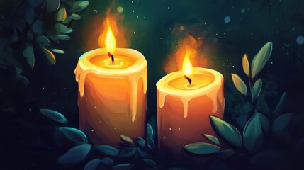 Two burning candles with a soft glow in the dark.