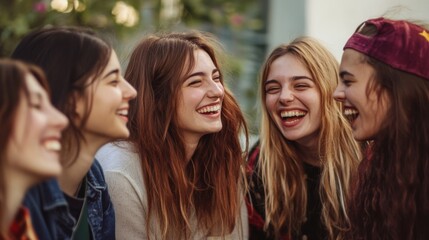 Friends laughing together outdoors during a sunny afternoon