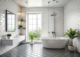 Fototapeta premium Modern White Bathroom with Subway Tile Shower & Black Hexagon Floor - Stock Photo
