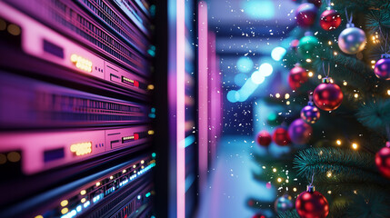 A Christmas tree softly glowing in a data server room, blending festive warmth with a high-tech setting.