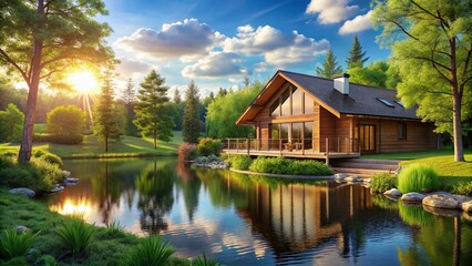 Obraz premium Modern Wooden House in Peaceful Forest Landscape with Pond - Stunning Nature Photography