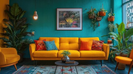 Vibrant yellow sofa and chair near a teal wall with a poster frame, creating a bold and colorful living room setup