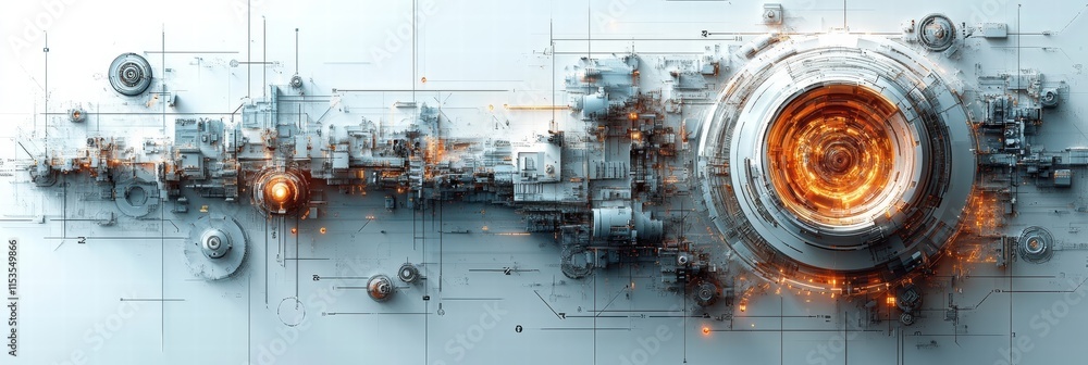 Poster futuristic technological design with glowing elements on a clean white background