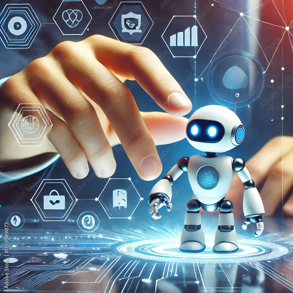 Poster 3d close up of a marketers hand adjusting a digital marketing robot futuristic background copy space