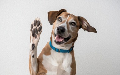 A happy dog giving a high five, isolated on white, showcasing a joyful moment