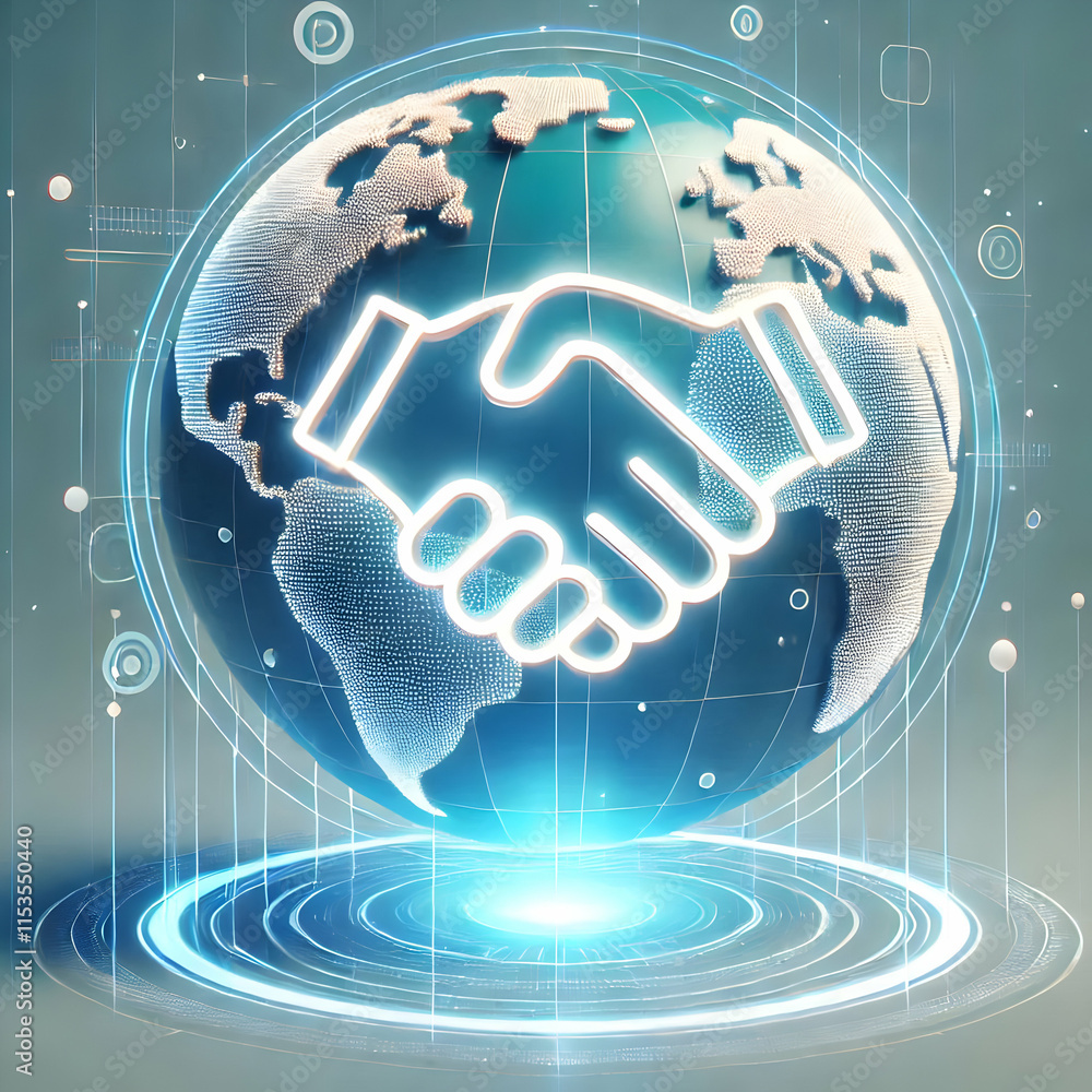 Poster 3d holographic handshake projected above a glowing globe with copy space concept as an image showing