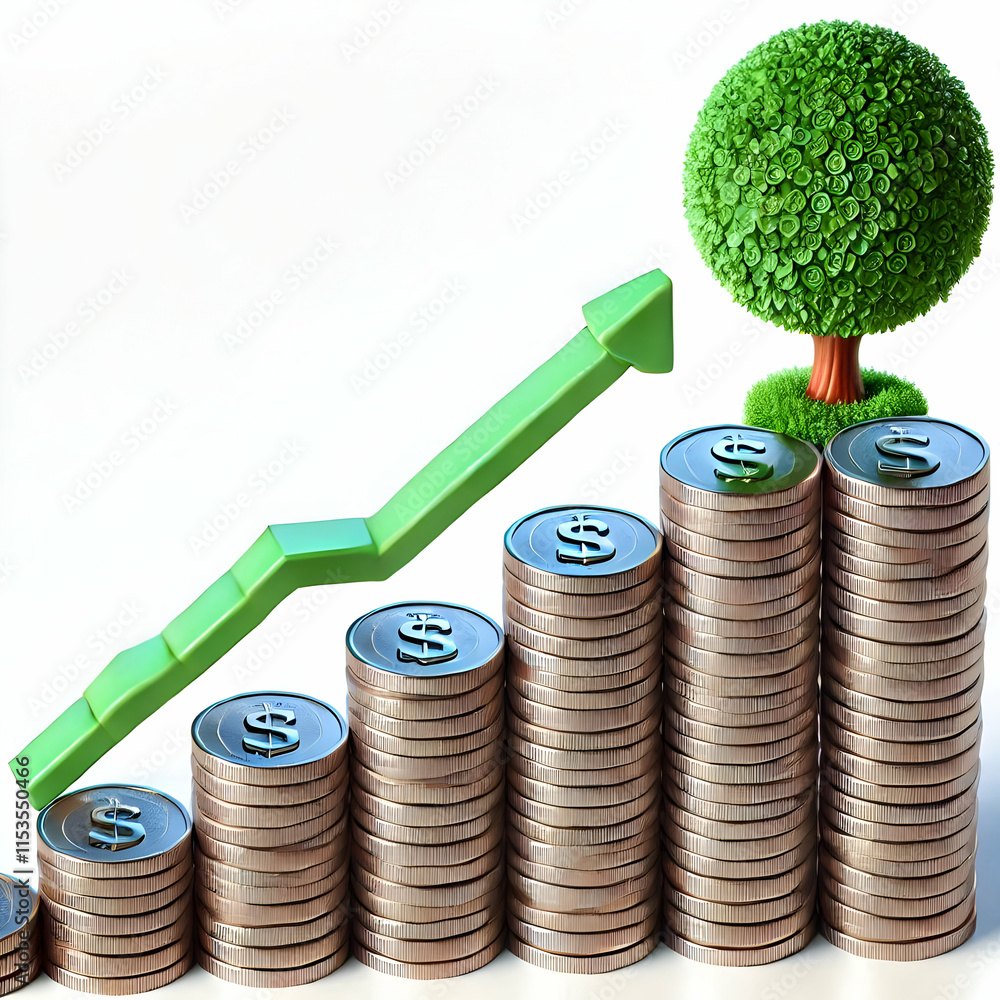 Poster 3d macro image of coins steps leading to small tree symbolizing financial investment and environment