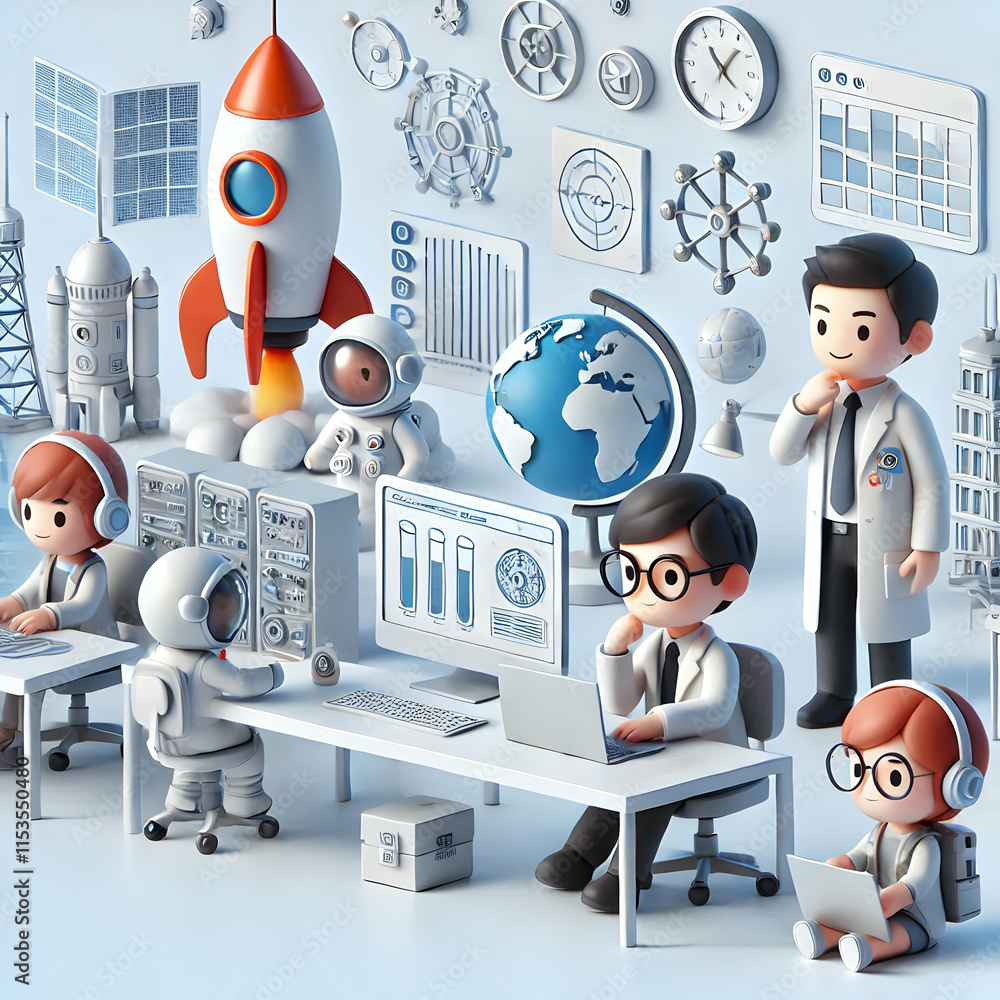 Poster 3d university researchers analyzing cyber resilience in lab with ample copy space