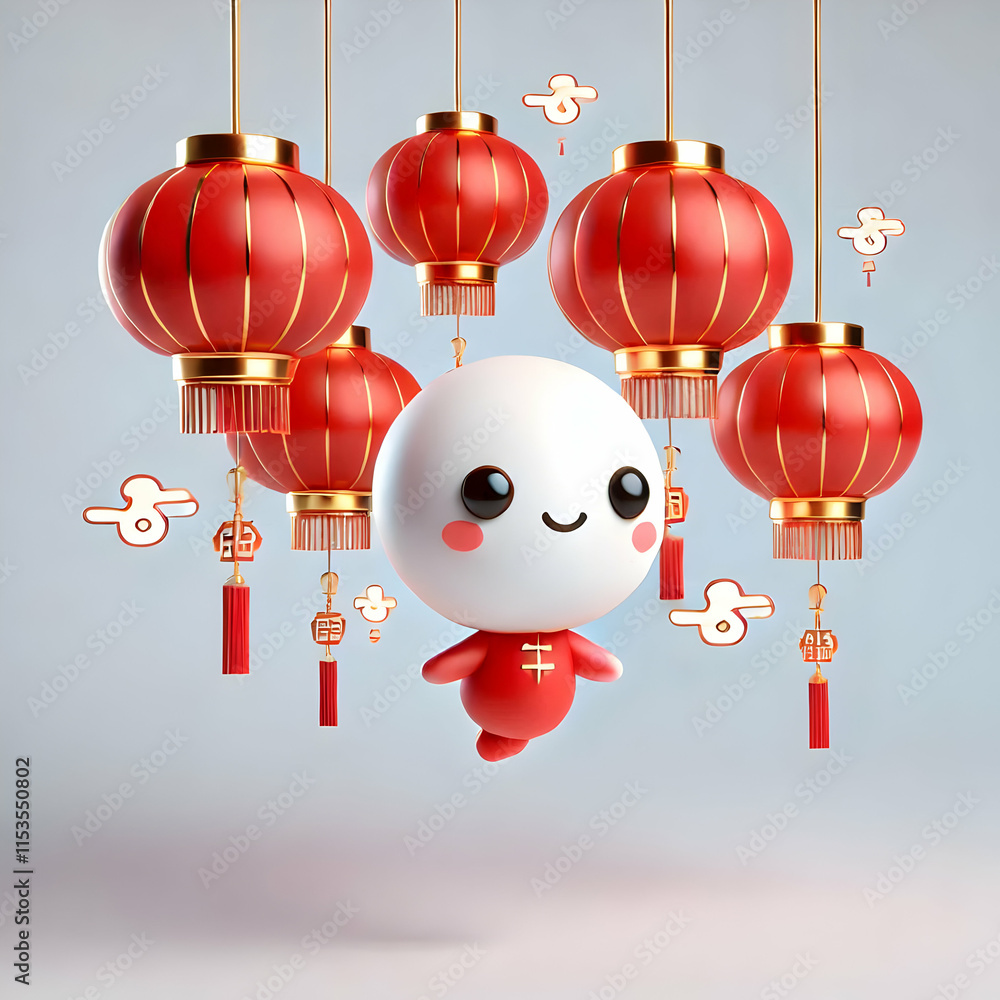 Poster 3d plain white background featuring red chinese lanterns with copy space on the right. concept as a 