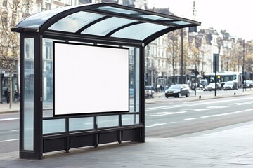 Naklejka premium Empty Bus Stop Billboard in Urban Cityscape