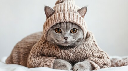 Adorable Gray Cat in Cozy Knitted Sweater and Beanie, Captivating Expression in Soft Interior Setting, Perfect for Pet and Fashion Lovers