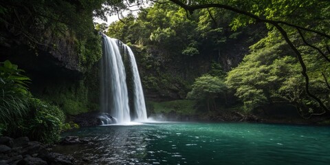 Fototapeta premium Mystical Glowing Waterfall: Ethereal Light & Minimalist Nature Scene