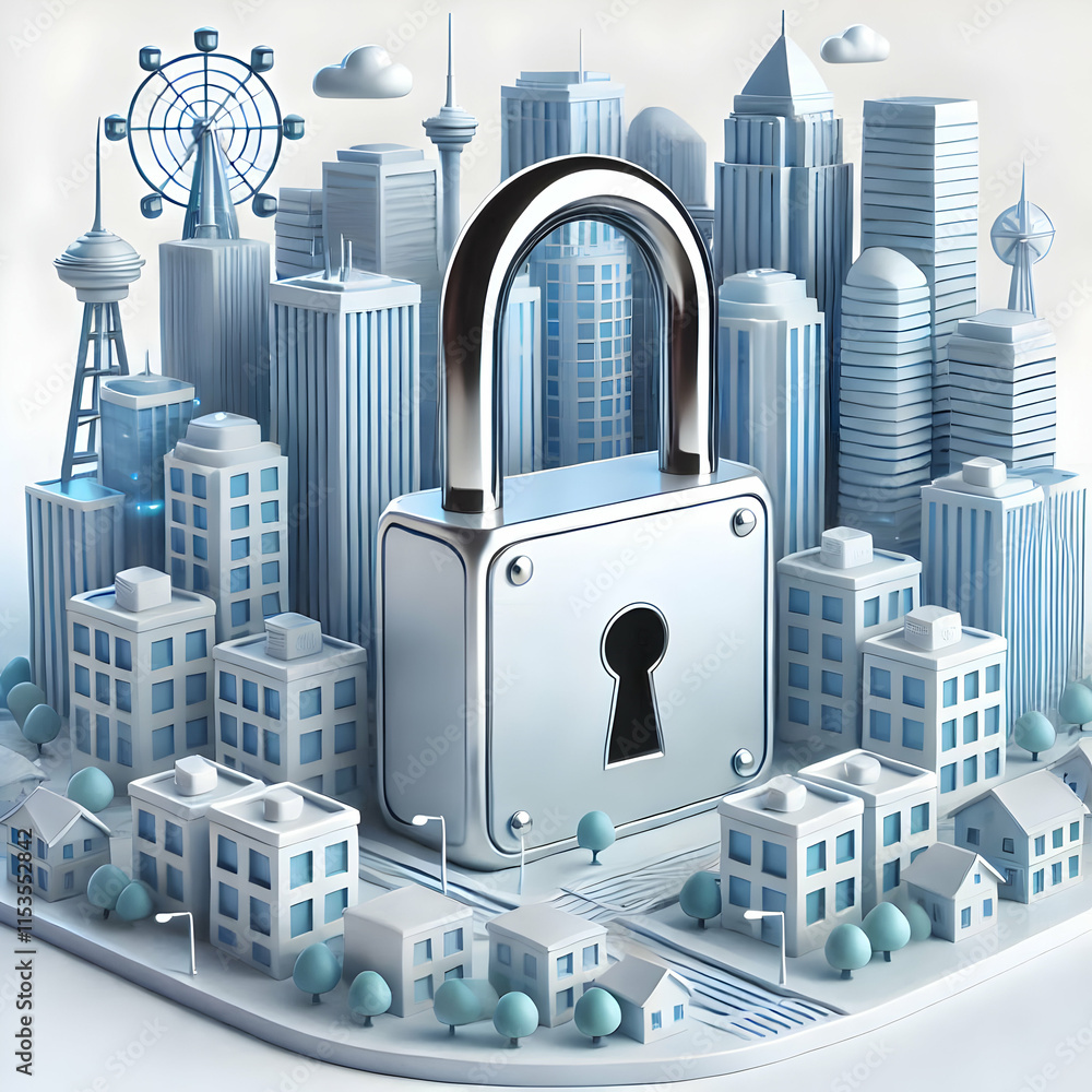 Poster 3d cityscape with padlock building symbolizing cybersecurity in urban architecture - glossy image, a