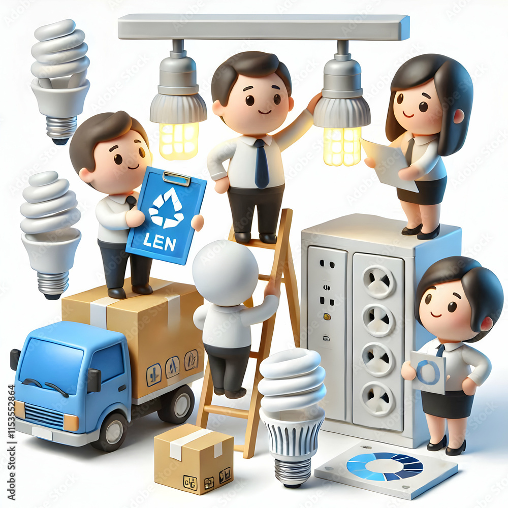 Poster 3d employees installing energy efficient lighting concept with copy space