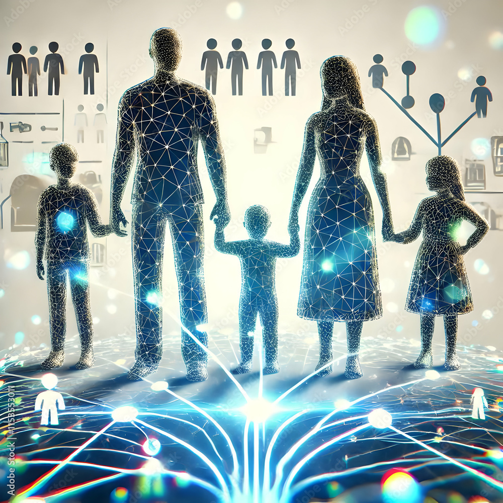 Aufkleber 3d family silhouette holding hands with digital network overlay symbolizing unity and connectivity i