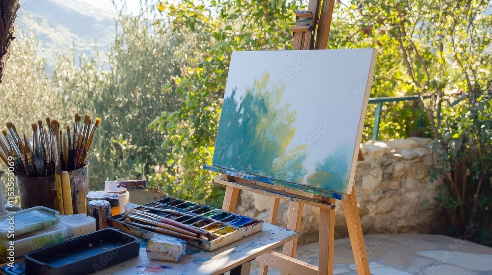 Poster a tidy painting station in an open-air terrace, paints and brushes neatly arranged on an easel, cont