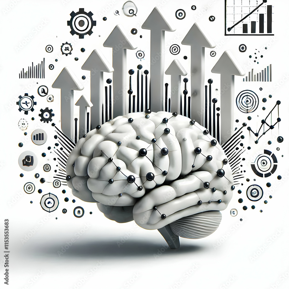 Poster 3d floating ai brain with growth arrows isolated white background for futuristic tech infographics