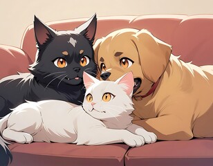 Adorable pets cuddle together on a couch