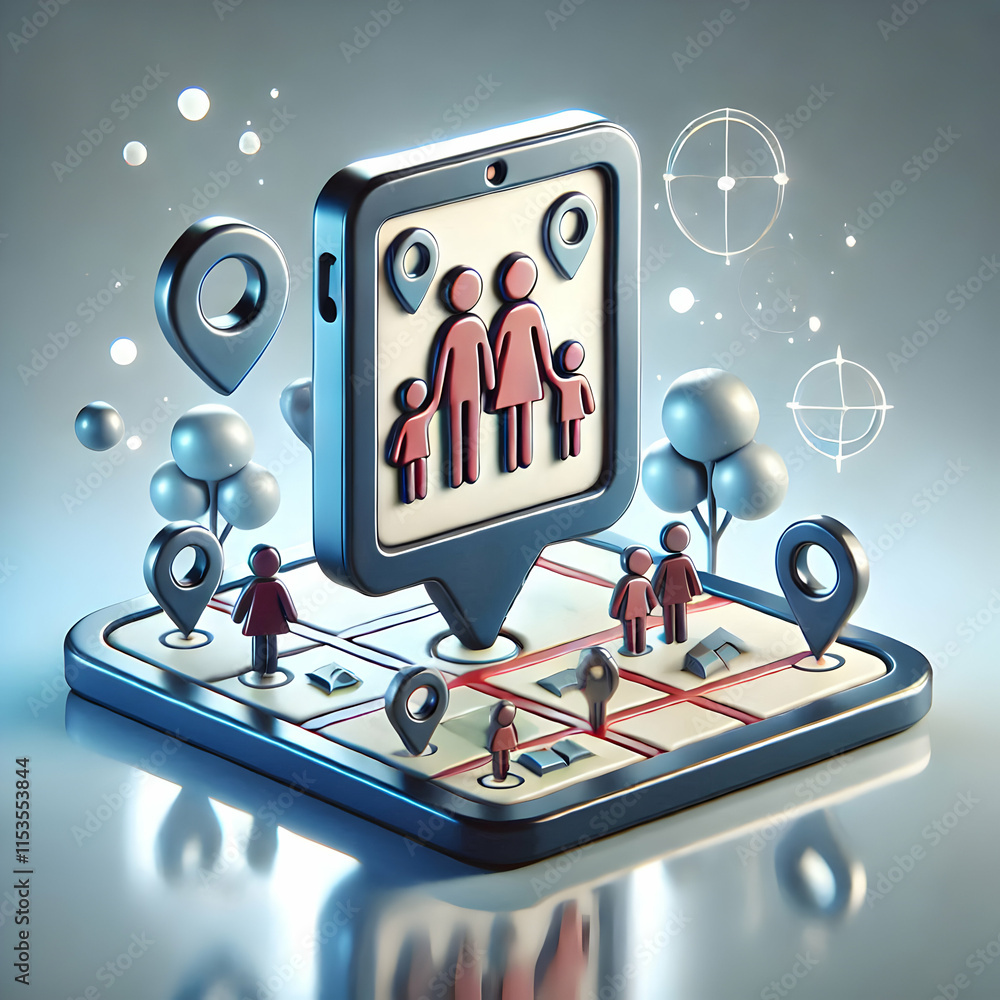 Aufkleber 3d glossy tablet map display with family markers and ample copy space for connection technology them