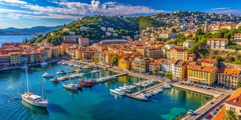 Obraz premium Nice Harbor Aerial: French Riviera Yachts, Coastal Buildings, Blue Sky
