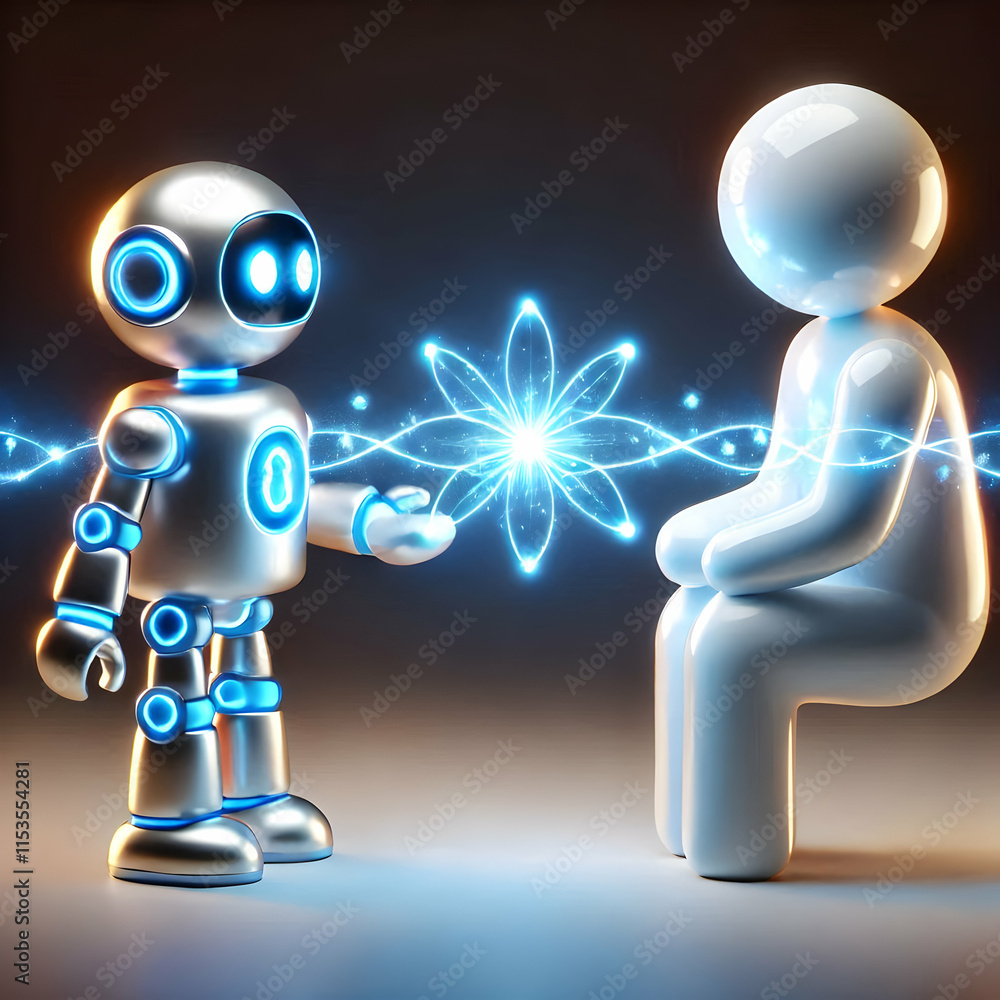 Poster 3d glossy human robot connection with light beams on dark background