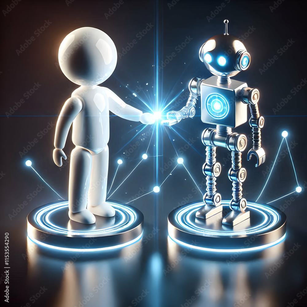 Poster 3d glossy human robot connection with light beams symbolizing collaboration energy on dark backgroun