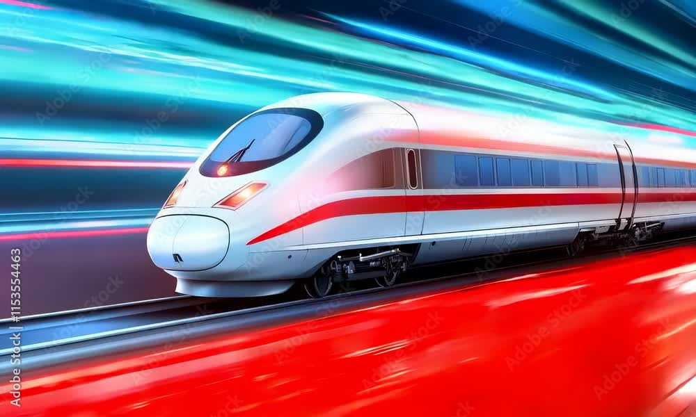 Poster a high-speed train in motion, depicted with dynamic lines and vibrant colors to convey speed.