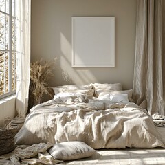 A calm bedroom with a neutral palette, soft bed, and a blank white picture frame on the wall.