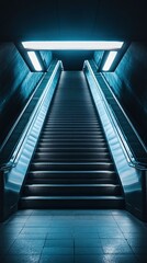 Escalator in a modern building with glass and steel steps in a busy urban subway station
