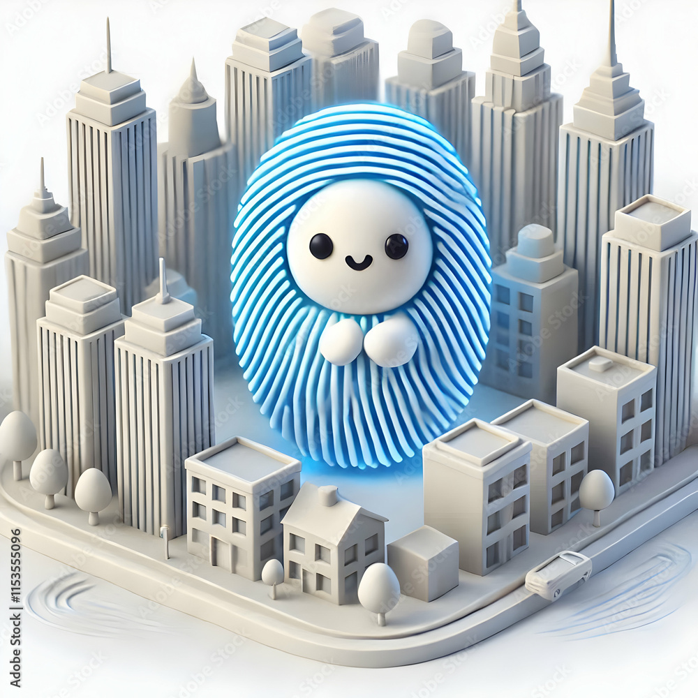 Poster 3d city skyline with fingerprint overlay symbolizing secure identity and cyber resilience