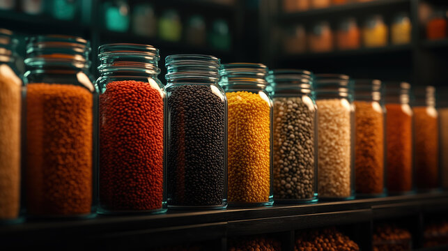 Colorful lentils and spices in glass jars on shelf. Food ingredients retail design
