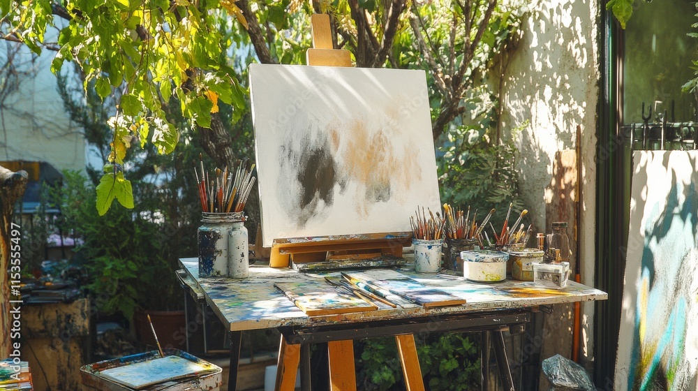 Aufkleber a tidy painting station in an open-air terrace, paints and brushes neatly arranged on an easel, cont