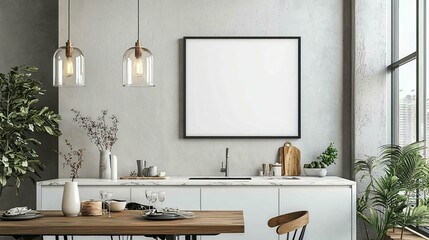 A contemporary kitchen with sleek white countertops, a marble island, and hanging pendant lights. A wooden dining table is set for two, with a blank white picture frame on the wall.