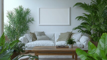 A contemporary living room with a white sofa, a wooden coffee table, and green plants. A blank white picture frame hangs above the sofa.
