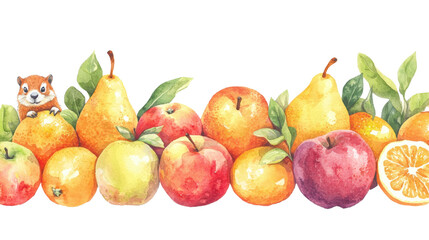 A Whimsical Collection of Hand-Painted Fruits Featuring Pears, Apples, Oranges, and a Cheerful Squirrel in Watercolor Style