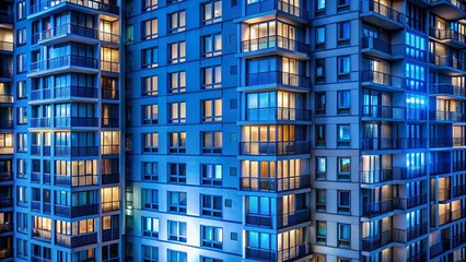 Night Photography: Blue High-Rise Residential Building Facade with Windows