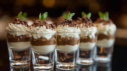 Irresistible Mousse Layered in Shot Glasses with Whipped Cream, Chocolate Shavings, and a Touch of Edible Garnish for a Gourmet Treat.