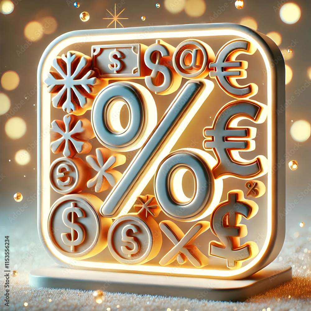 Poster 3d macro shot of a glowing discount sign with currency symbols and copy space concept as a detailed 