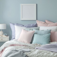 A cozy bedroom with soft pastel tones, a white bed, and a blank white picture frame on the nightstand.