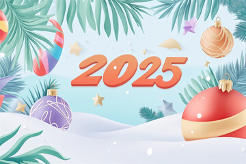 Festive New Year 2025 celebration design featuring ornaments and bright colors, conveying a sense of joy and optimism for the coming year.
