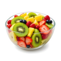 A glass bowl filled with a colorful fruit salad, including slices of kiwi, pineapple, strawberries, and other mixed berries